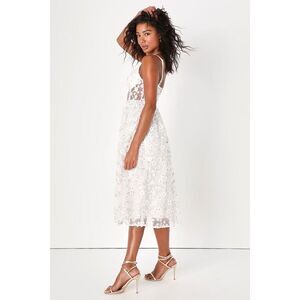 Lulus Darling Romance White Tulle Floral Applique Bustier Midi Dress - Size M